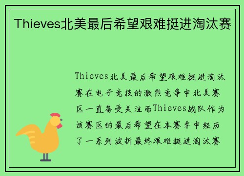 Thieves北美最后希望艰难挺进淘汰赛